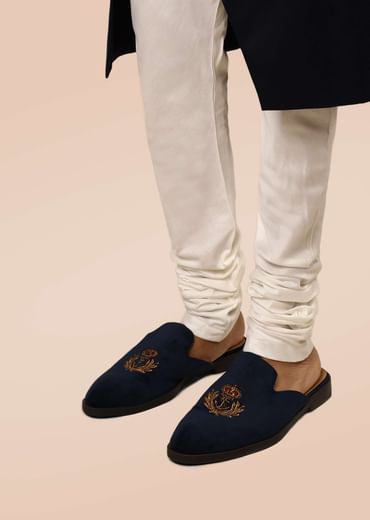 Navy Blue Mules In Suede With Zari Embroidered Motif