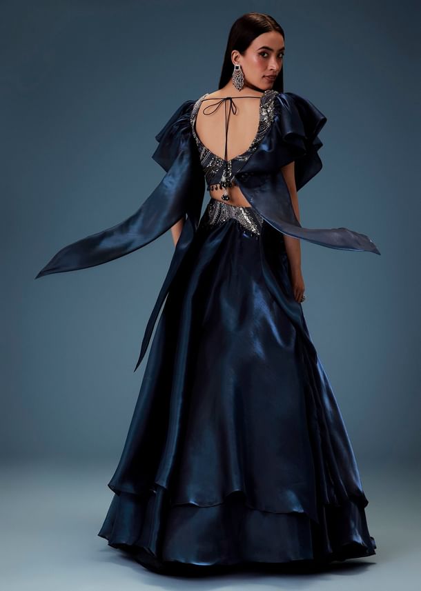 Navy Blue Organza Butterfly Blouse With Skirt Navy Blue Organza Butterfly Blouse With Skirt