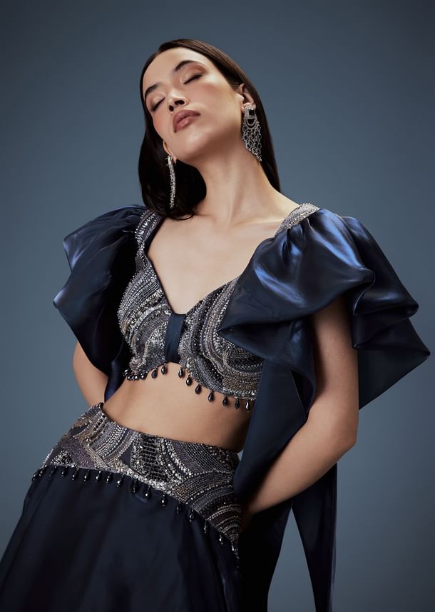 Navy Blue Organza Butterfly Blouse With Skirt Navy Blue Organza Butterfly Blouse With Skirt