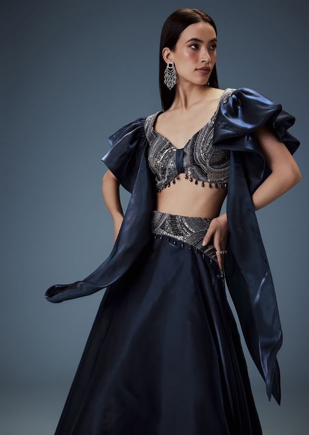 Navy Blue Organza Butterfly Blouse With Skirt Navy Blue Organza Butterfly Blouse With Skirt