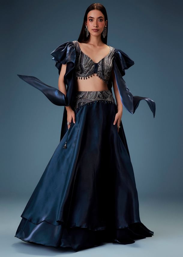 Navy Blue Organza Butterfly Blouse With Skirt Navy Blue Organza Butterfly Blouse With Skirt