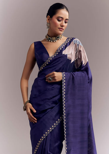 Navy Blue Organza Silk Saree With Floral Embroidery And Cutwork