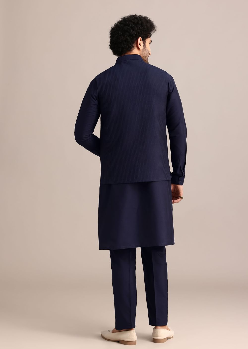 Navy Blue Pintuck Jacket And Kurta Set