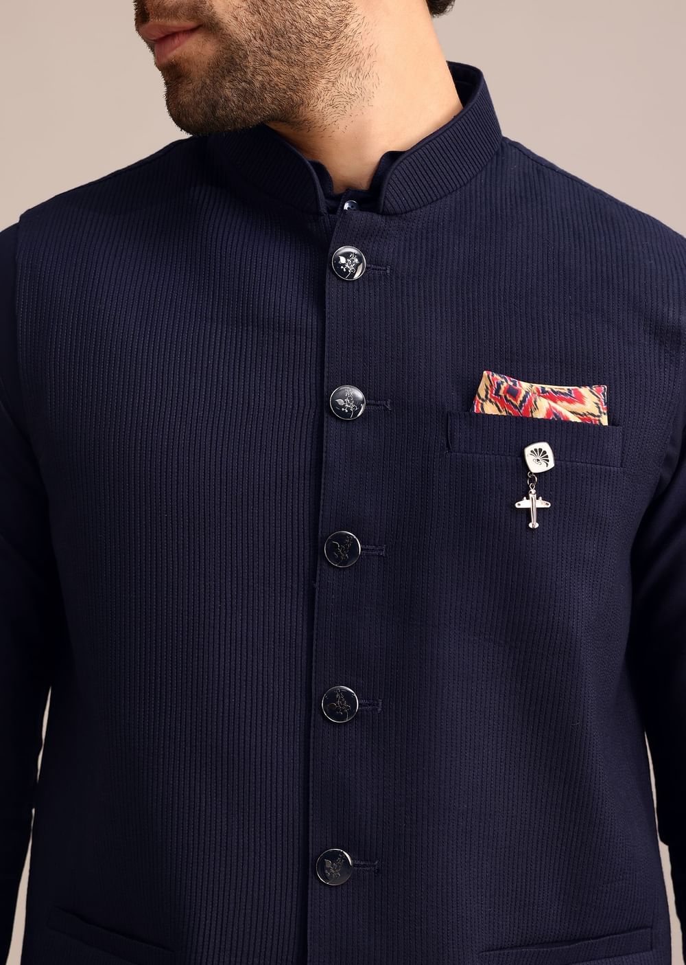 Navy Blue Pintuck Jacket And Kurta Set