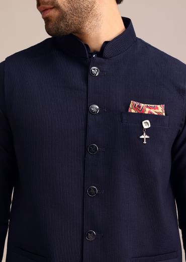 Navy Blue Pintuck Jacket And Kurta Set