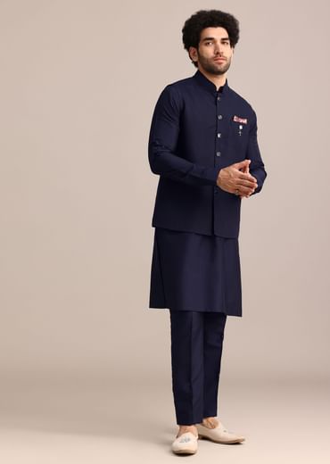 Navy Blue Pintuck Jacket And Kurta Set