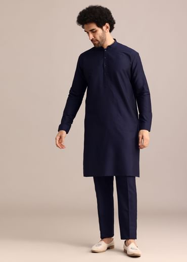 Navy Blue Pintuck Jacket And Kurta Set
