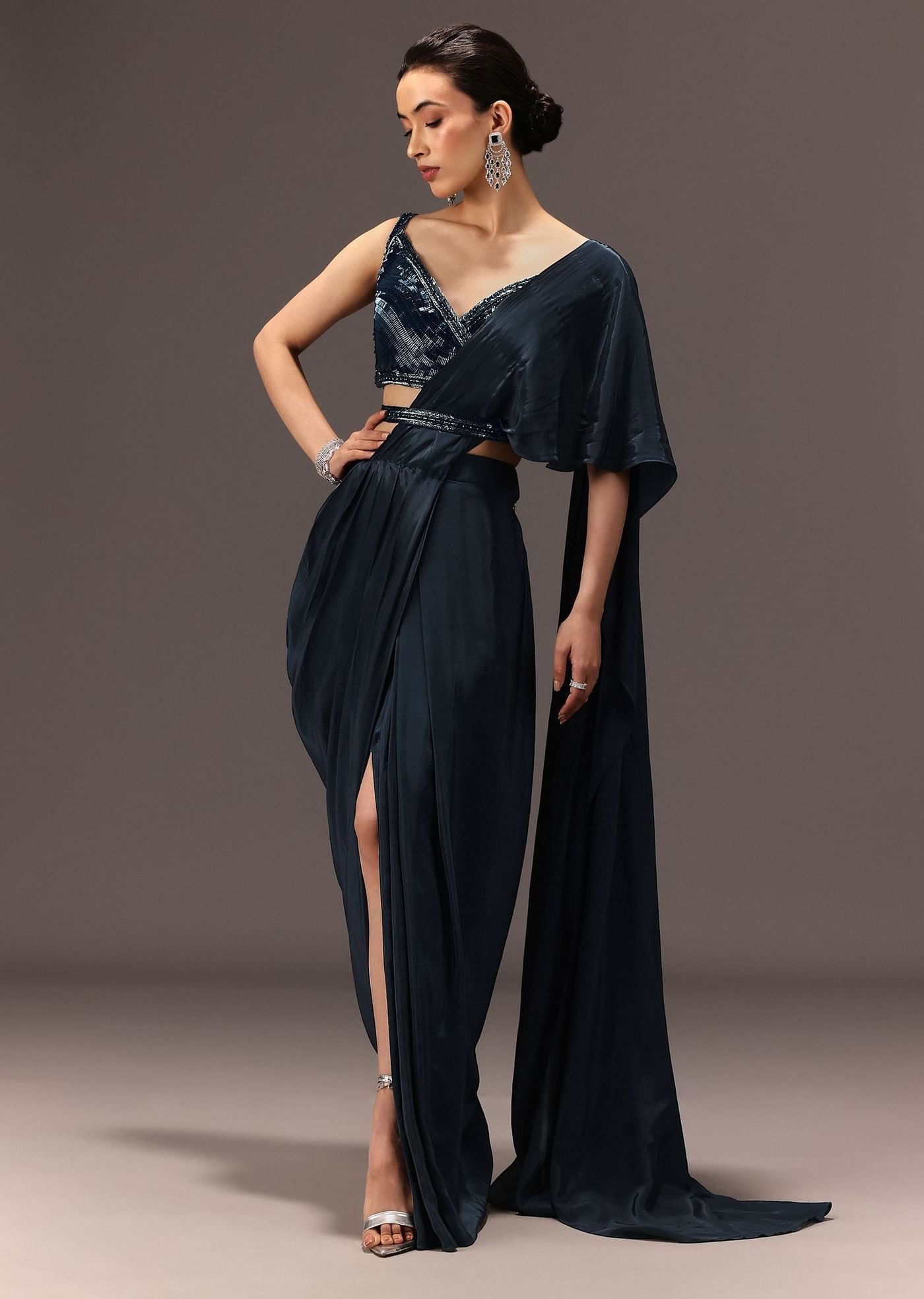 Navy Blue Pre Draped Saree With Sequin Blouse And Belt