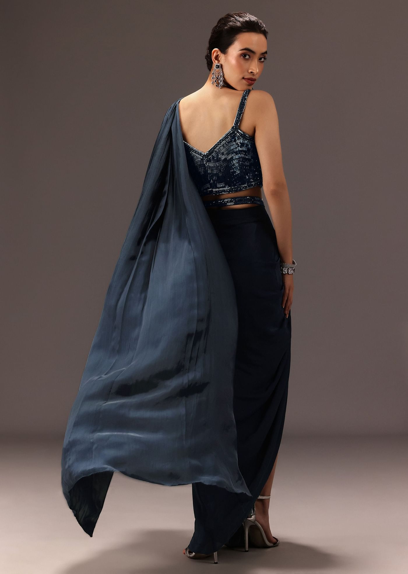 Navy Blue Pre Draped Saree With Sequin Blouse And Belt