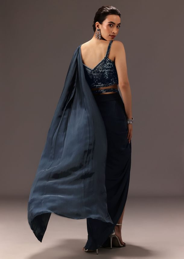 Navy Blue Pre Draped Saree With Sequin Blouse And Belt Navy Blue Pre Draped Saree With Sequin Blouse And Belt