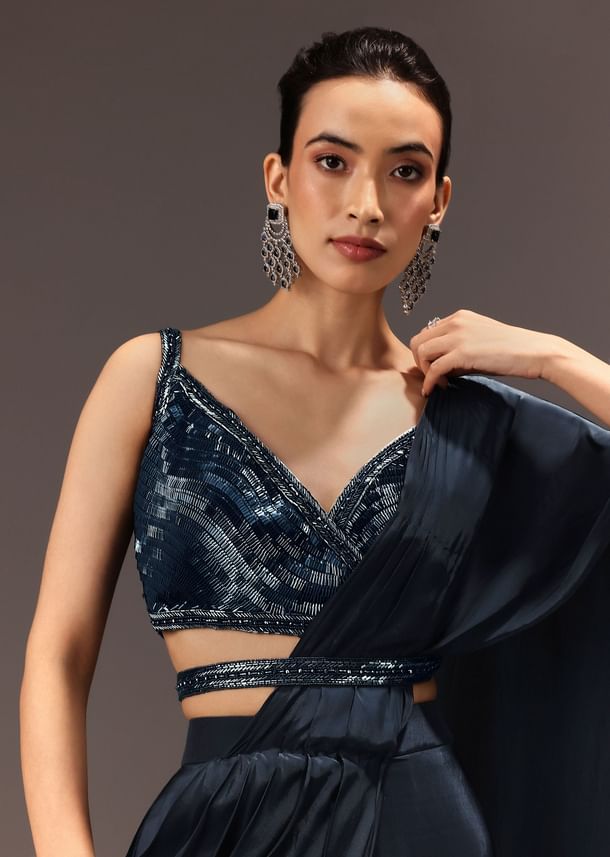 Navy Blue Pre Draped Saree With Sequin Blouse And Belt Navy Blue Pre Draped Saree With Sequin Blouse And Belt