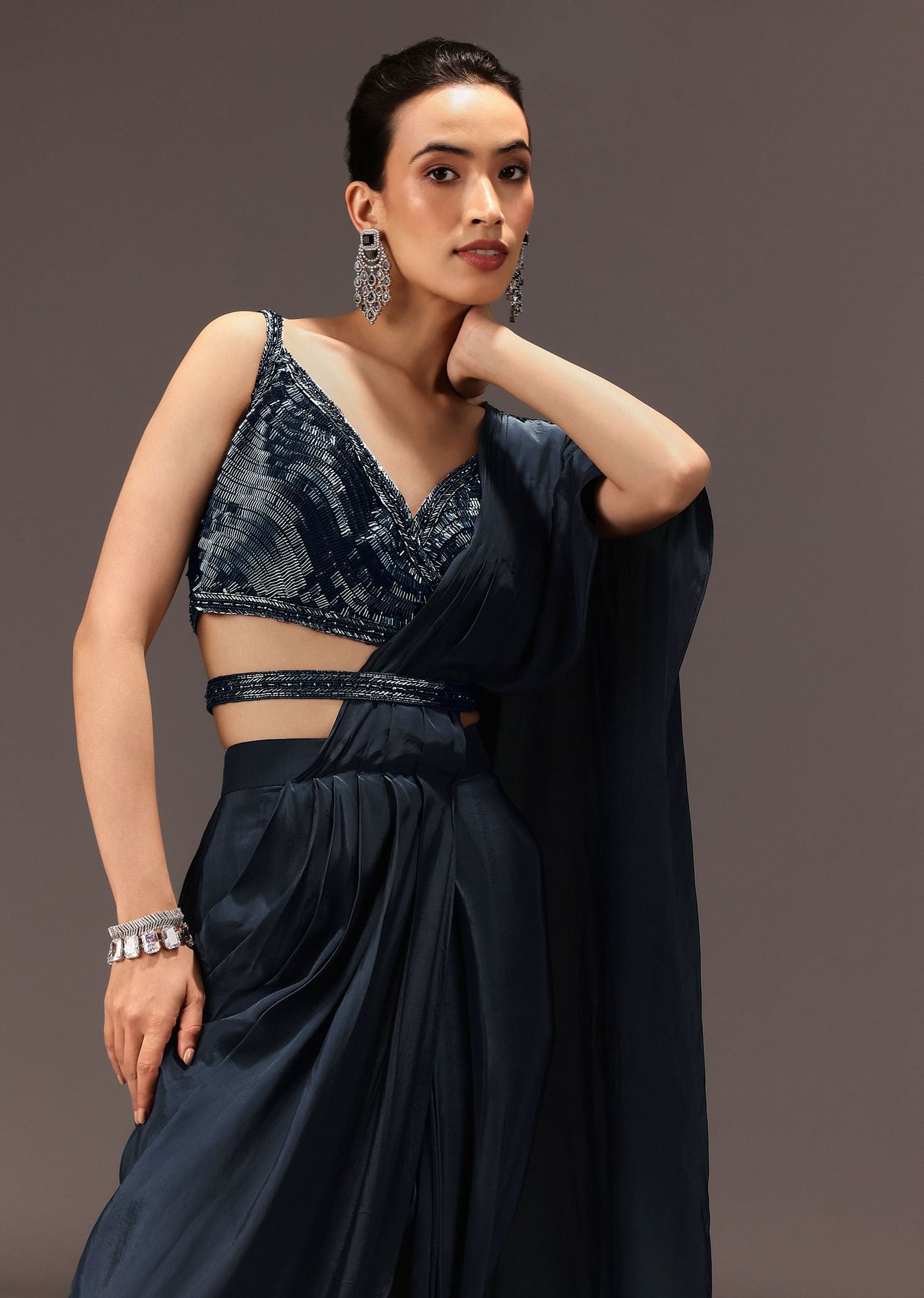 Navy Blue Pre Draped Saree With Sequin Blouse And Belt