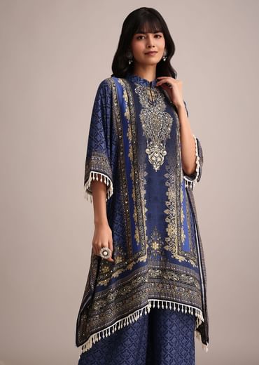 Navy Blue Printed Kurta Palazzo Set