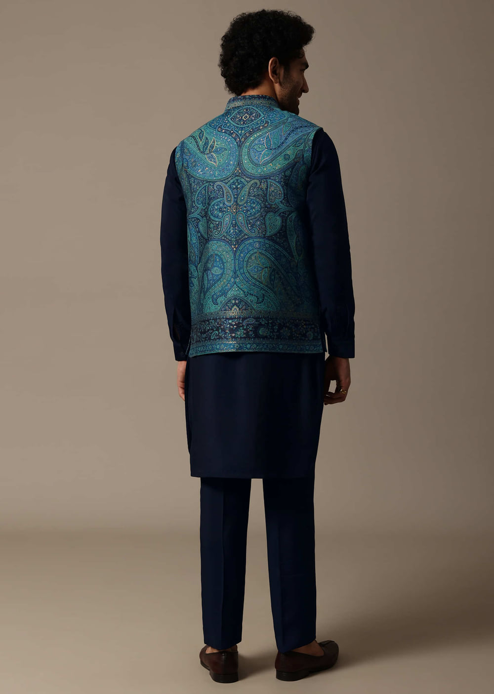 Navy Blue Printed Pashmina Silk Kurta Jacket Set For Men