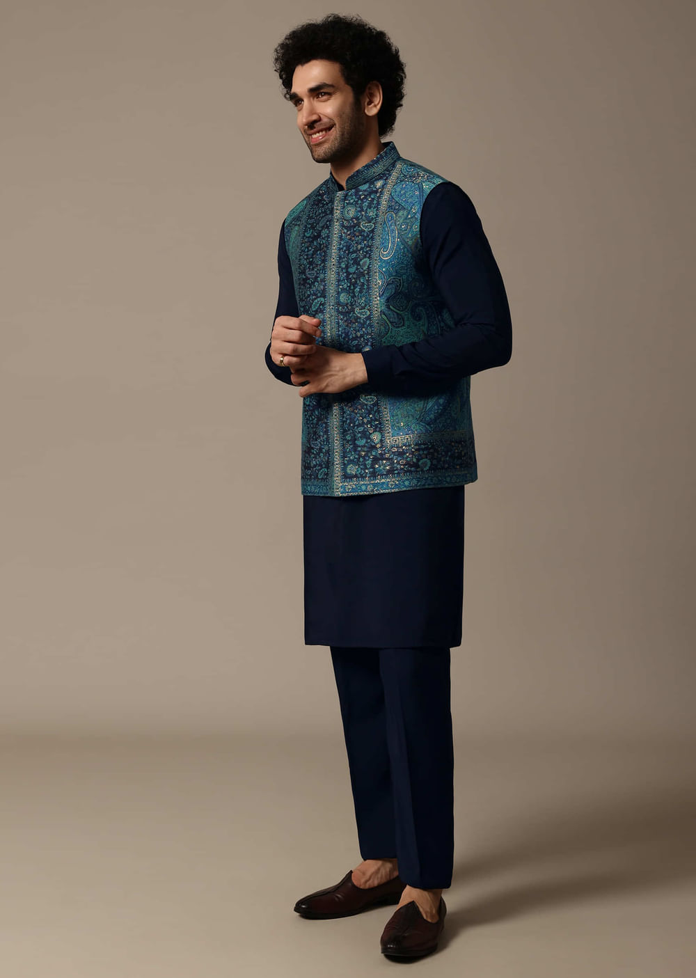 Navy Blue Printed Pashmina Silk Kurta Jacket Set For Men