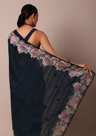 Navy Blue Saree Adorned With Resham Thread Work