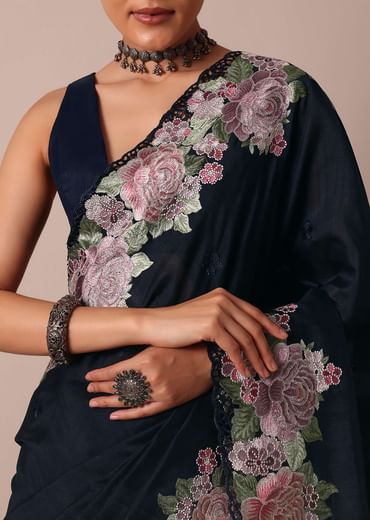 Navy Blue Saree Adorned With Resham Thread Work