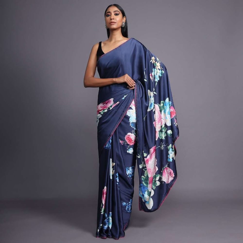 Navy Blue Saree In Satin Blend Adorned With Floral Print And Kundan Accents Online - Kalki Fashion