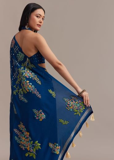 Navy Blue Saree With Leaf Motif Woven Design