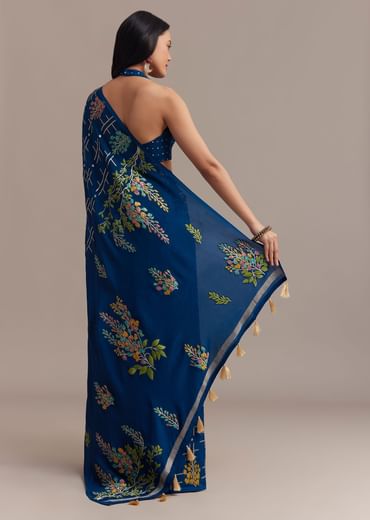 Navy Blue Saree With Leaf Motif Woven Design