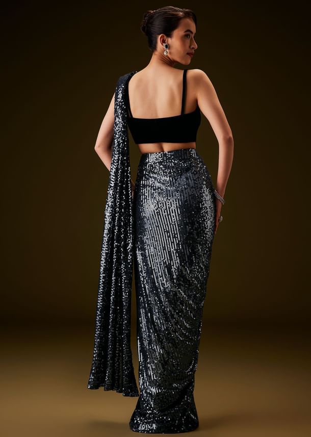 Navy Blue Sequin Velvet Saree Navy Blue Sequin Velvet Saree