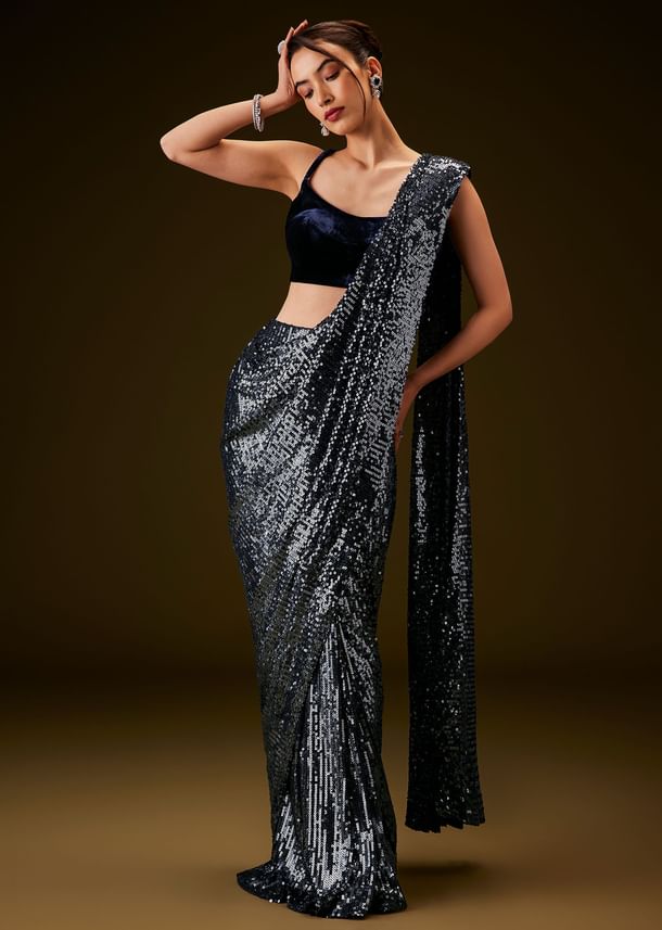 Navy Blue Sequin Velvet Saree Navy Blue Sequin Velvet Saree