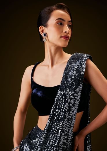 Navy Blue Sequin Velvet Saree