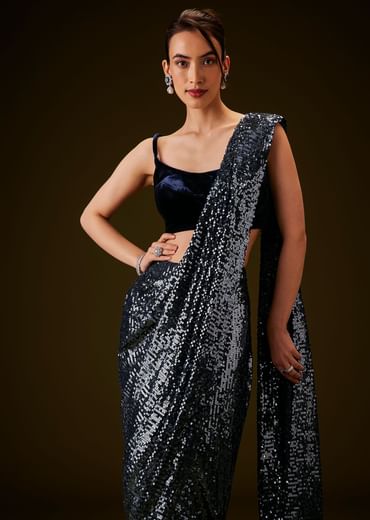 Navy Blue Sequin Velvet Saree