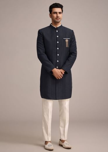 Navy Blue Sherwani Set In Silk