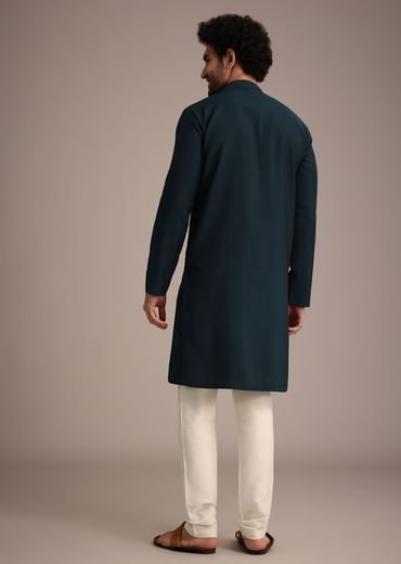 Navy Blue Silk Blend Embroidered Kurta Set