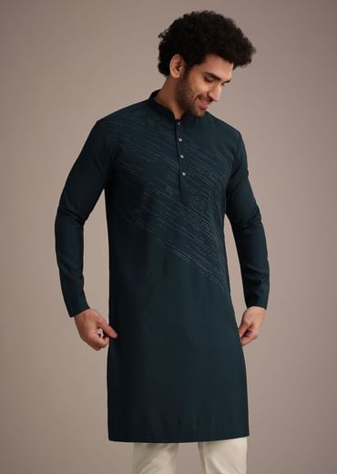 Navy Blue Silk Blend Embroidered Kurta Set