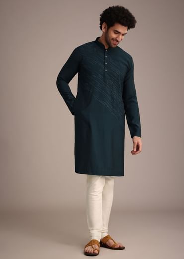 Navy Blue Silk Blend Embroidered Kurta Set