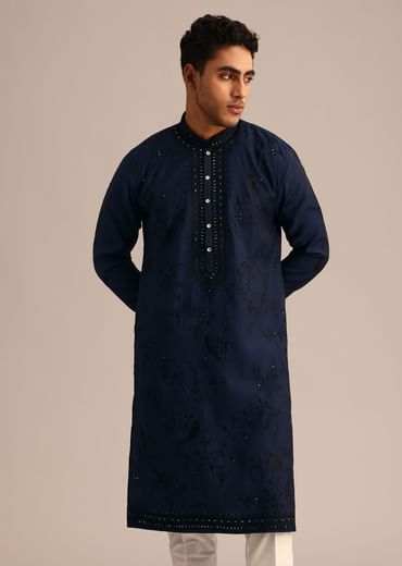 Navy Blue Silk Embroidered Kurta Set