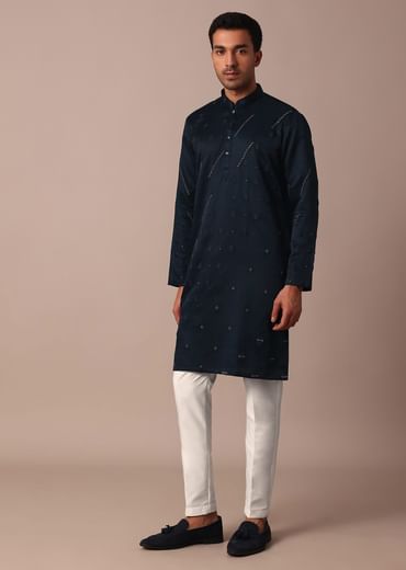 Navy Blue Silk Kurta Set With Hand Work
