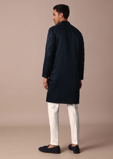 Navy Blue Silk Kurta Set With Hand Work