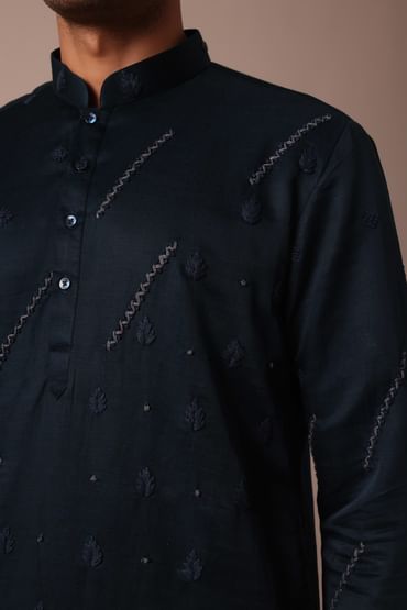 Navy Blue Silk Kurta Set With Hand Work