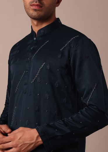 Navy Blue Silk Kurta Set With Hand Work