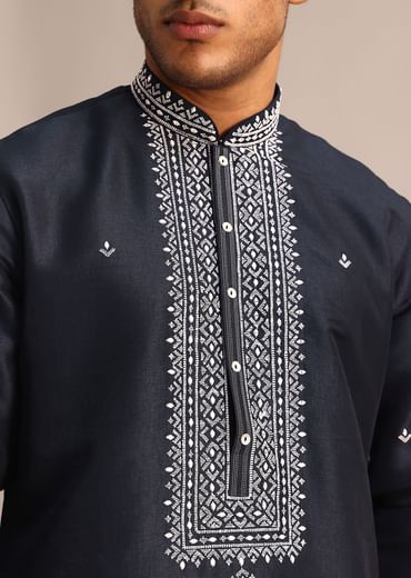 Navy Blue Silk Kurta Set With Resham Embroidered Work