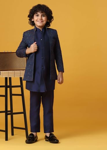 Navy Blue Silk Sherwani Set For Boys