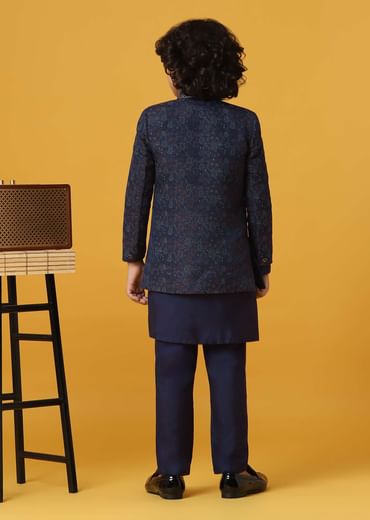 Navy Blue Silk Sherwani Set For Boys