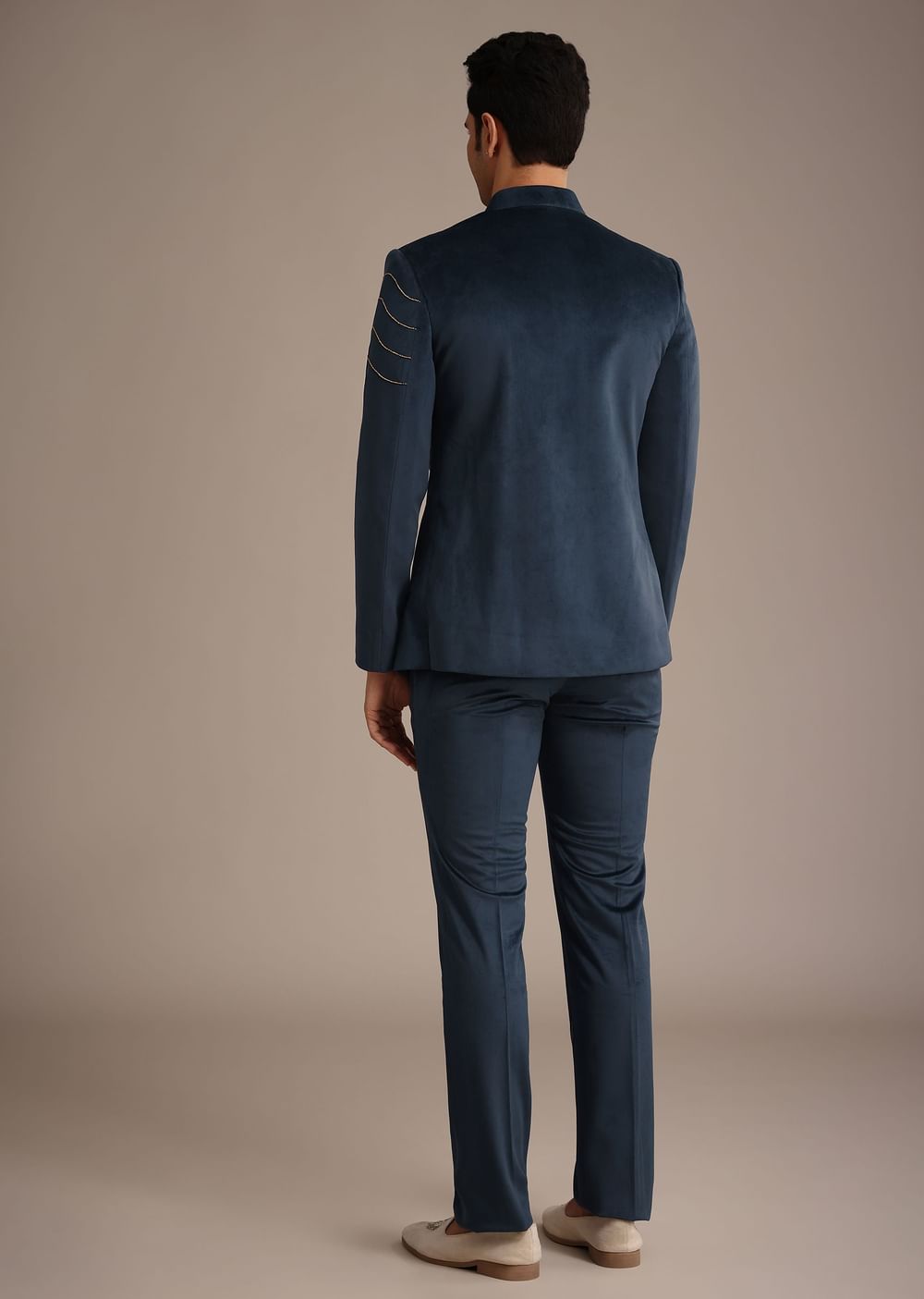 Navy Blue Suede Embroidered Jodhpuri Set With Poth Work