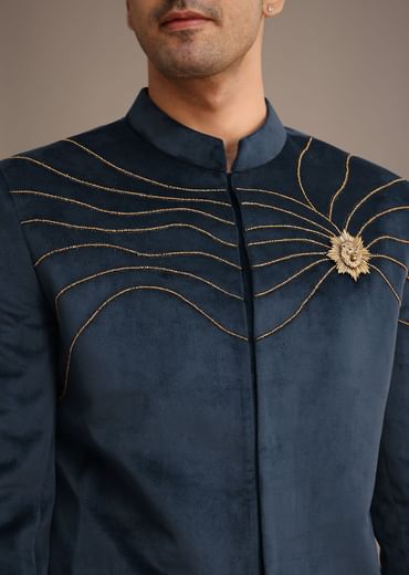 Navy Blue Suede Embroidered Jodhpuri Set With Poth Work