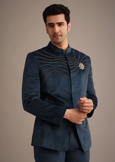 Navy Blue Suede Embroidered Jodhpuri Set With Poth Work