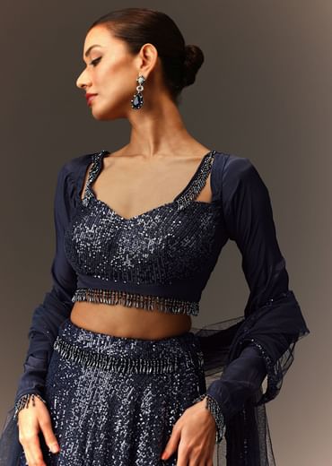 Navy Blue Tie Up Blouse And Embroidered Lehenga With Detailed Border Dupatta