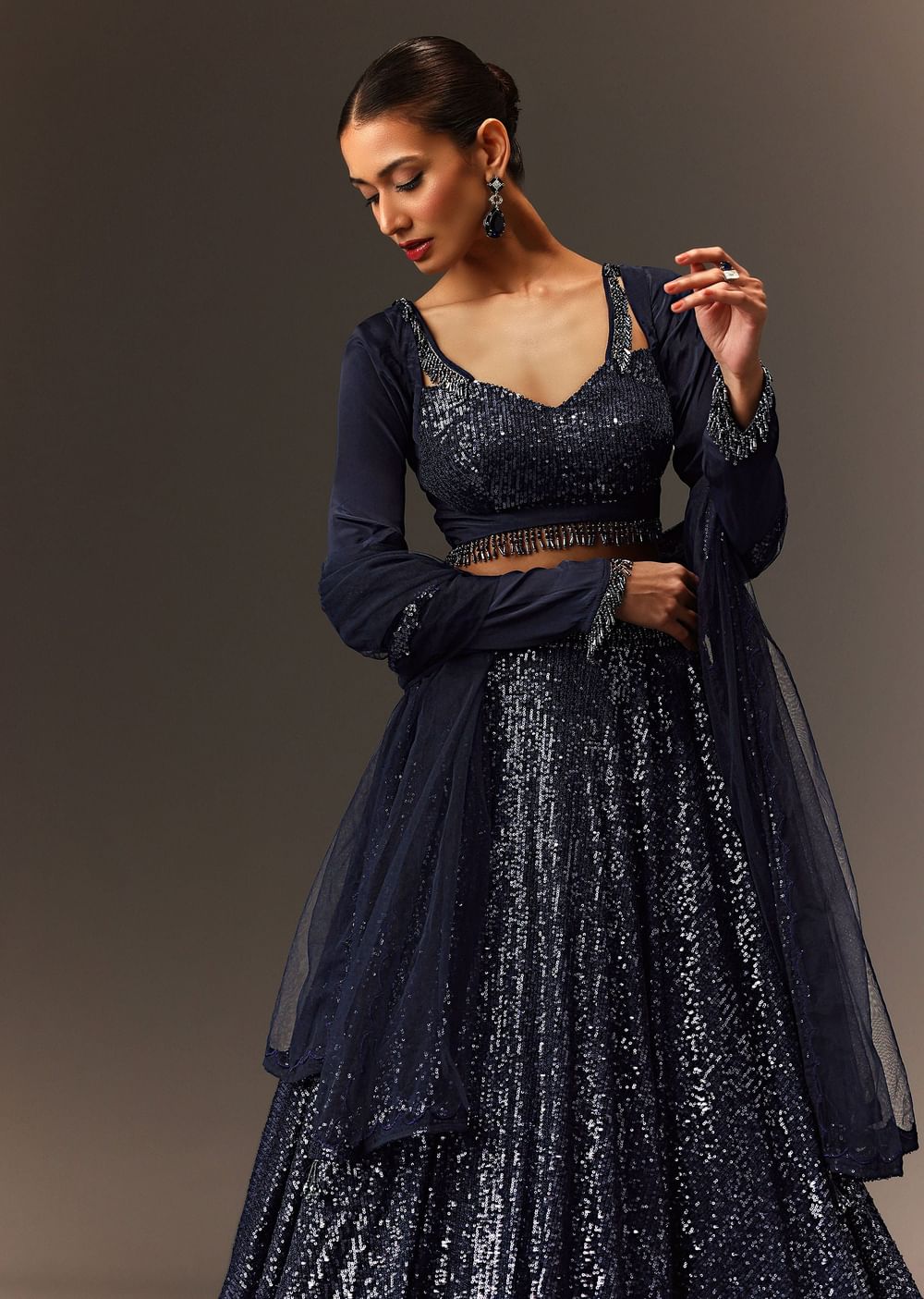 Navy Blue Tie Up Blouse And Embroidered Lehenga With Detailed Border Dupatta