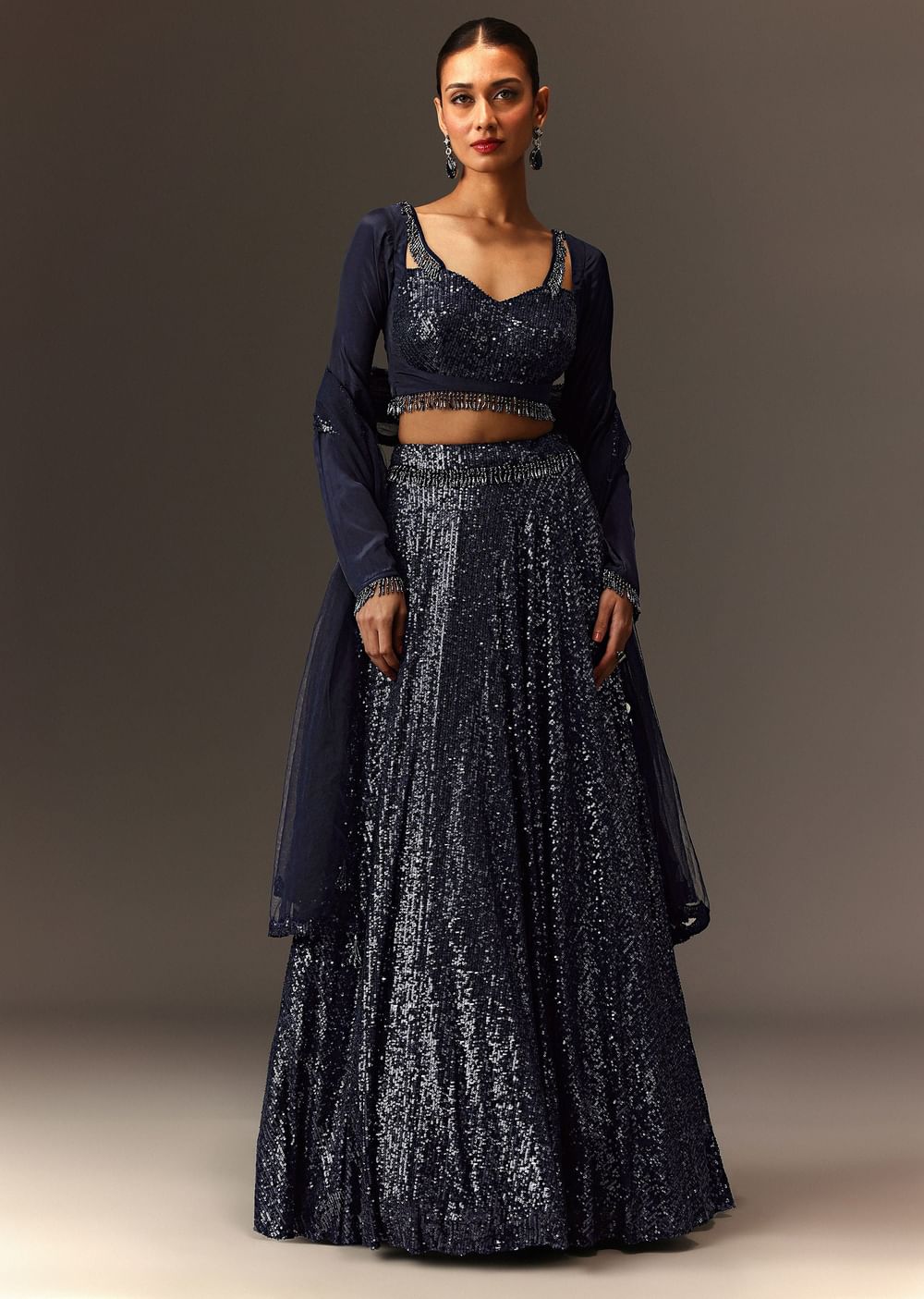 Navy Blue Tie Up Blouse And Embroidered Lehenga With Detailed Border Dupatta