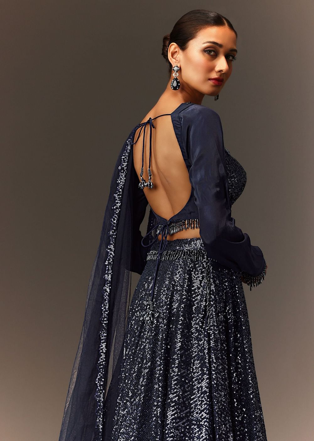 Navy Blue Tie Up Blouse And Embroidered Lehenga With Detailed Border Dupatta