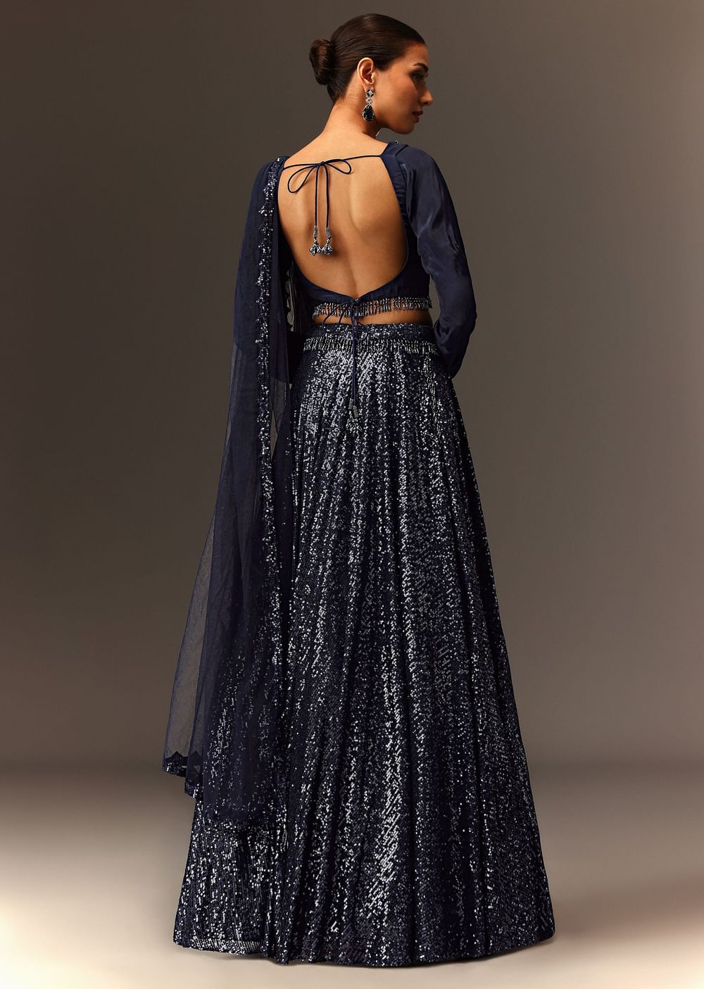 Navy Blue Tie Up Blouse And Embroidered Lehenga With Detailed Border Dupatta