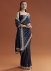 Navy Blue Tissue Saree With Scallop Border And Sequin Work
