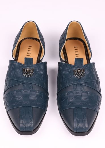 Navy Blue Vegan Leather Jutti With Criss Cross Pattern